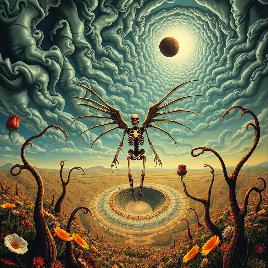 Surreal Landscape with Elastic Flora and Winged Skeleton