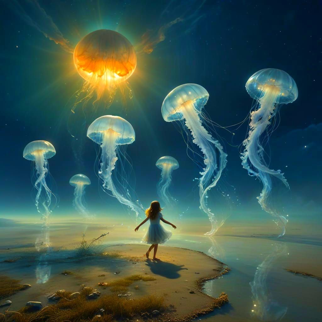 Dreamlike Moonlit Scene with Jellyfish and Winged Child
