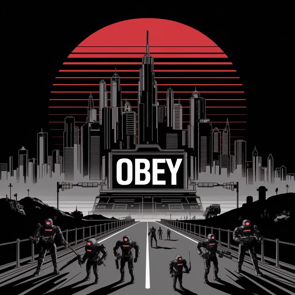 Cyberpunk Citadel with 'OBEY' Jumbotron at Sunset
