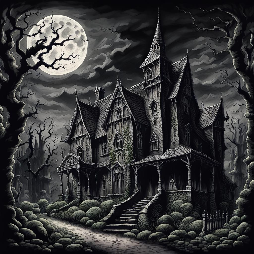 Surreal Gothic Mansion Unfolds in Darkness