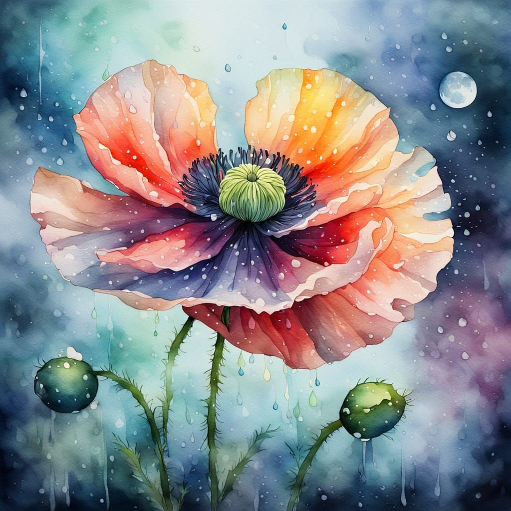 Ethereal Watercolor Poppy in Moonlight