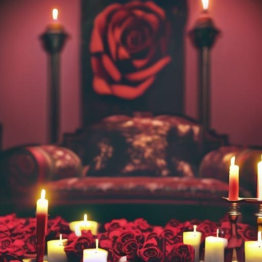 Crimson gothic living room with lots of roses and lots of romantic candles