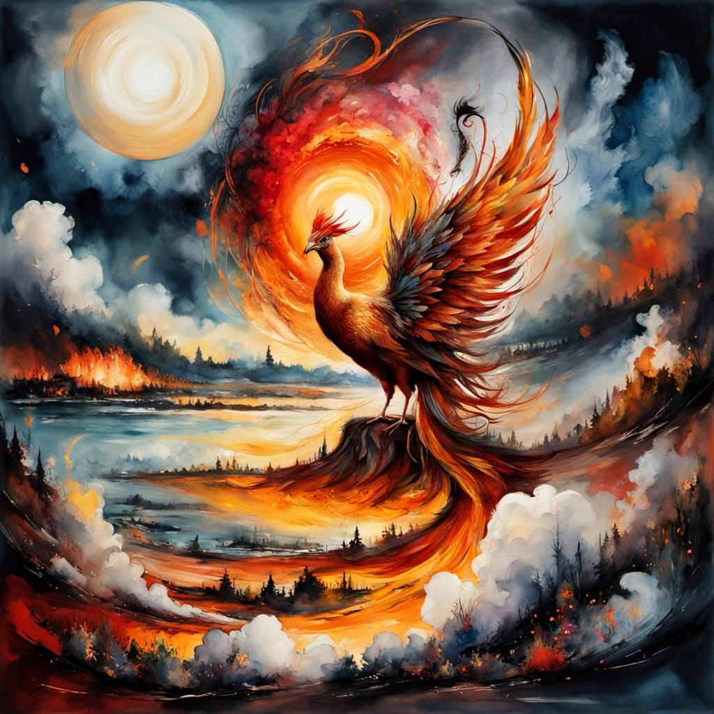 Ethereal Phoenix Emerges from Smoldering Embers in Stylized ...