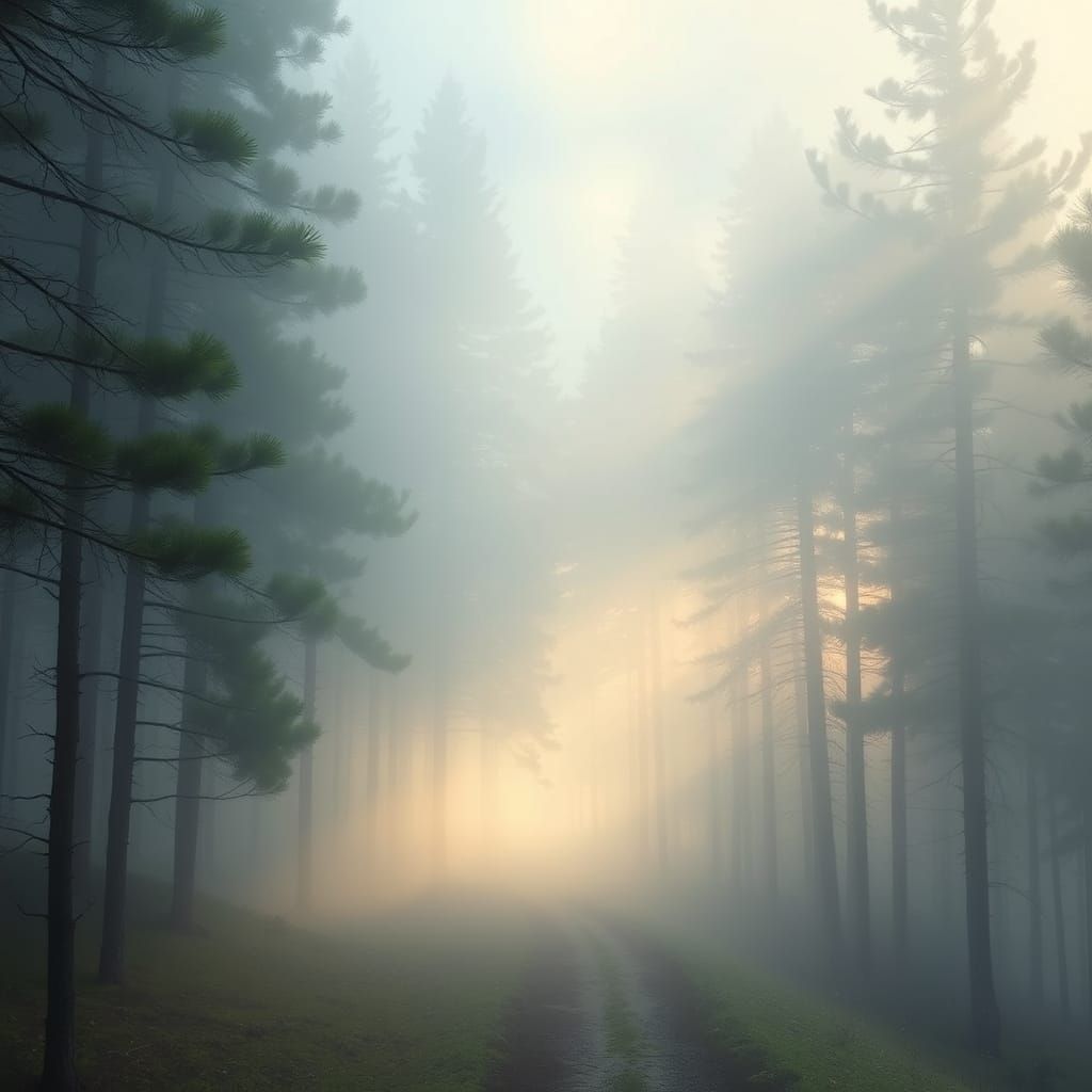 Enchanted Pine Forest Shrouded in Ethereal Morning Fog