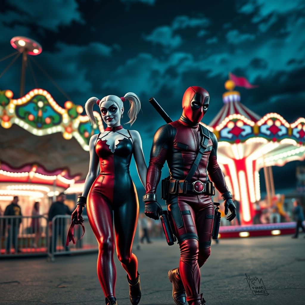 Harley Quinn and Deadpool at a Gritty Carnival Night