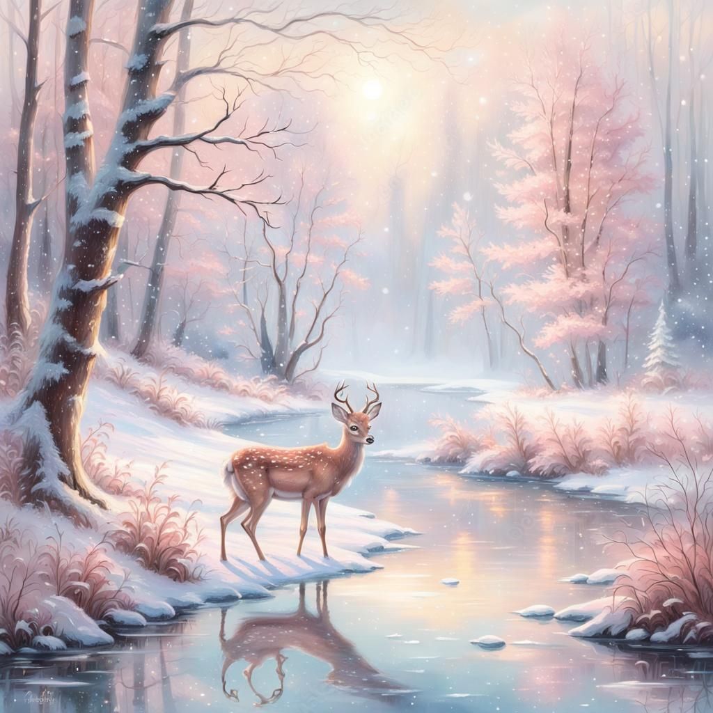 Fawn Gazes at Reflection in Winter Forest