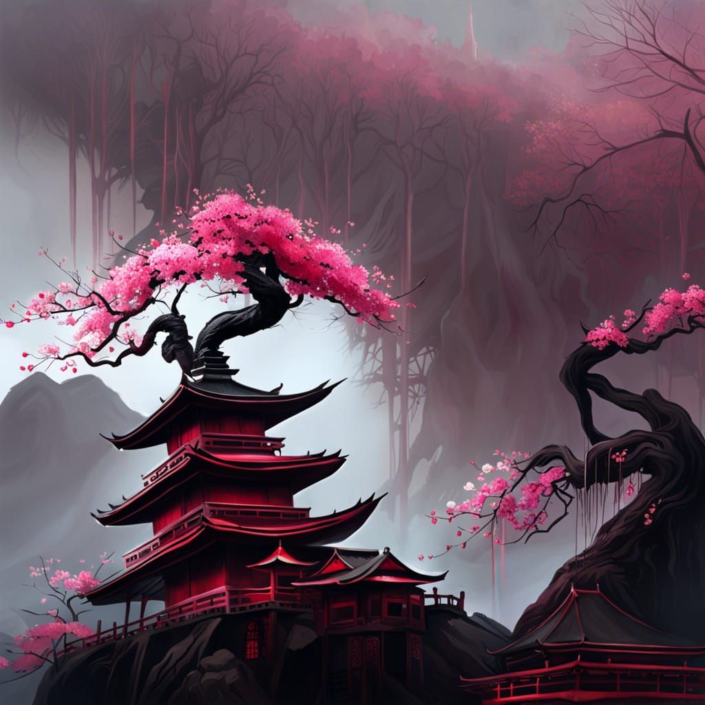 Cherry Blossom Samurai Bonsai Treehouse Digital Painting