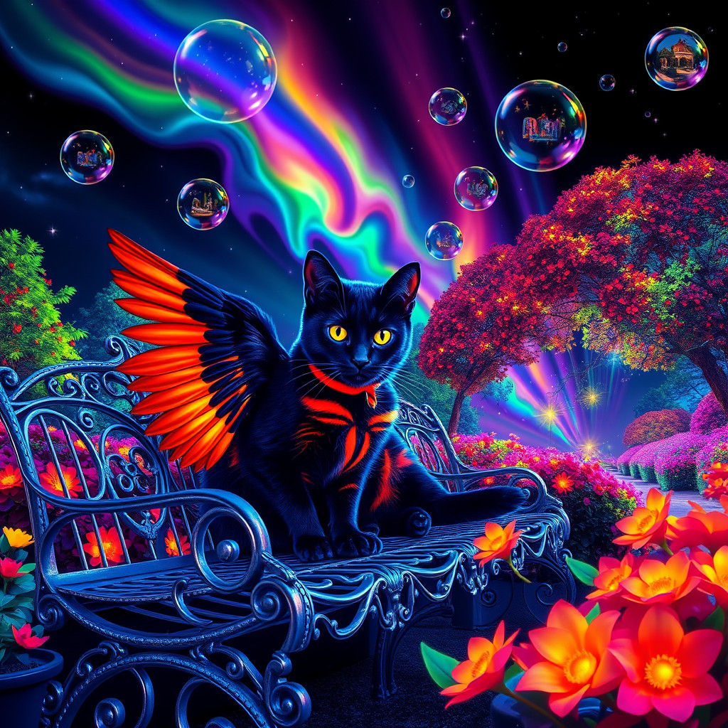 Biolluminescent Tabby Cat in a Psychedelic Garden