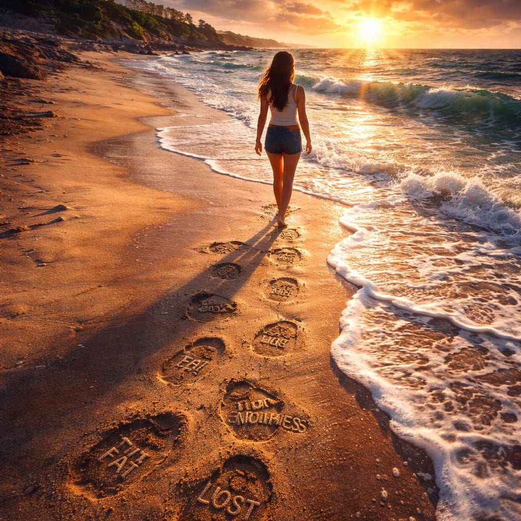 Woman Walks Towards Bright Future, Leaving Negative Thoughts...