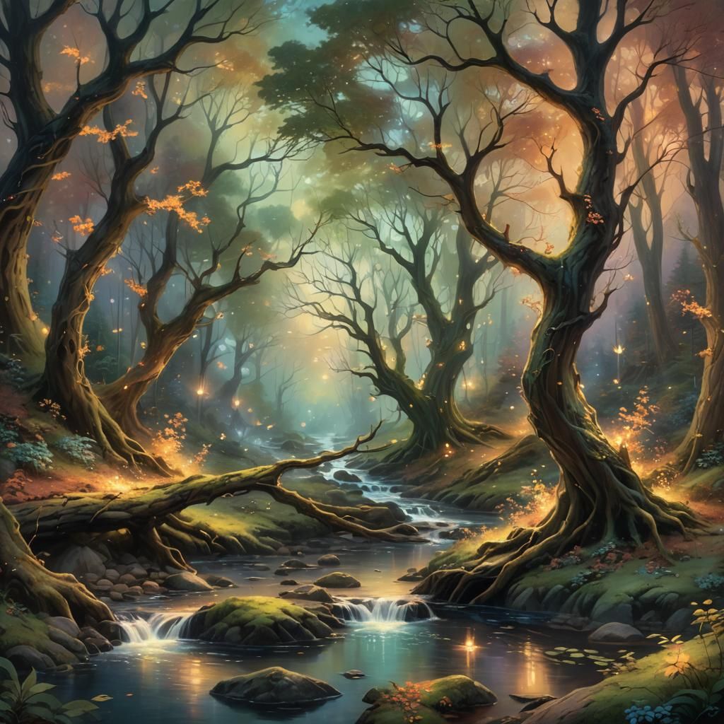 Enchanted Autumn Forest Landscape as Oil Painting