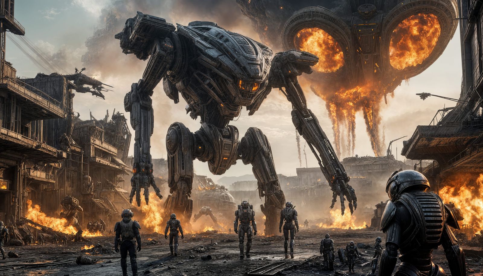 Battle-Mech Emerges from Burning Alien Town
