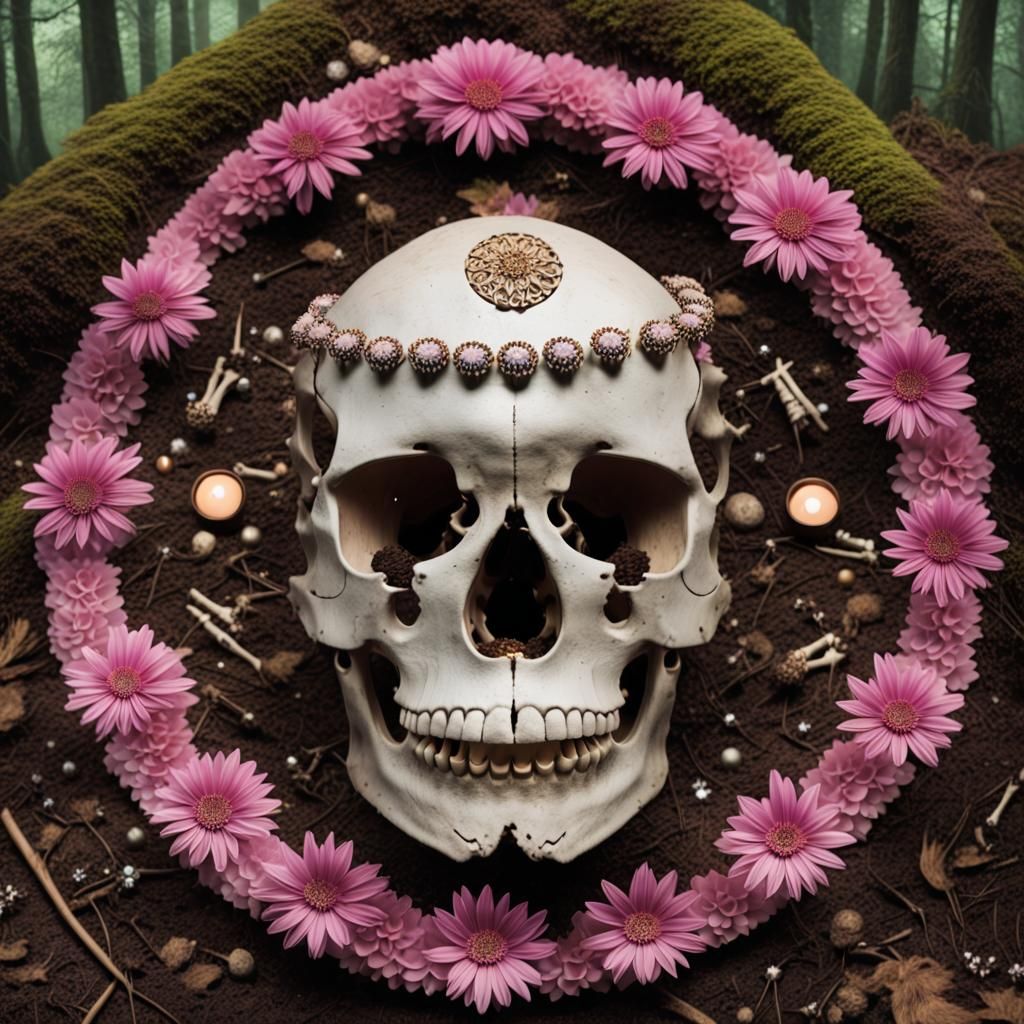 A shrine in a clearing in the woods. The offerings that are laid out in the circle are arranged in a specific pattern. T...