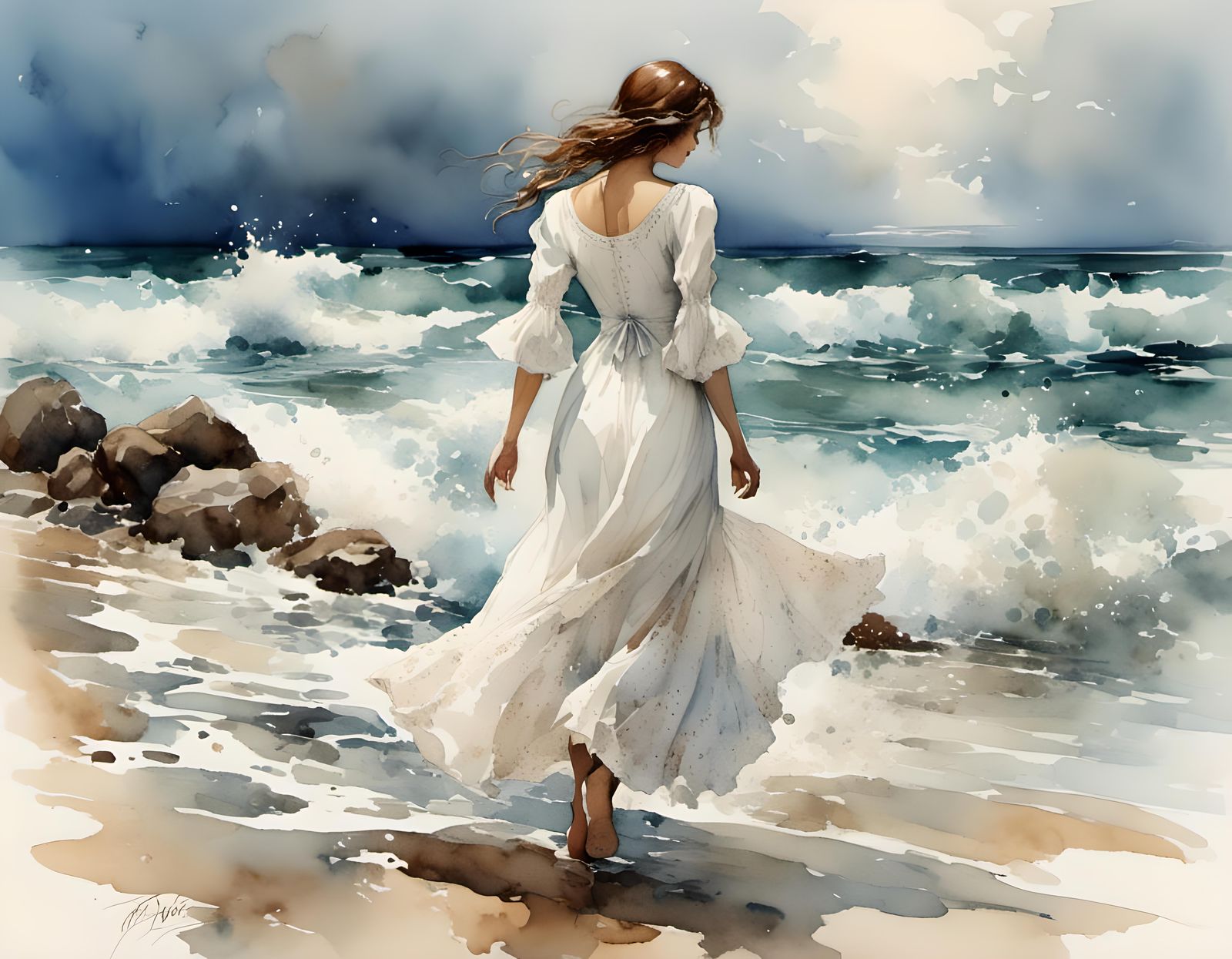 Woman in White Dress at Seashore