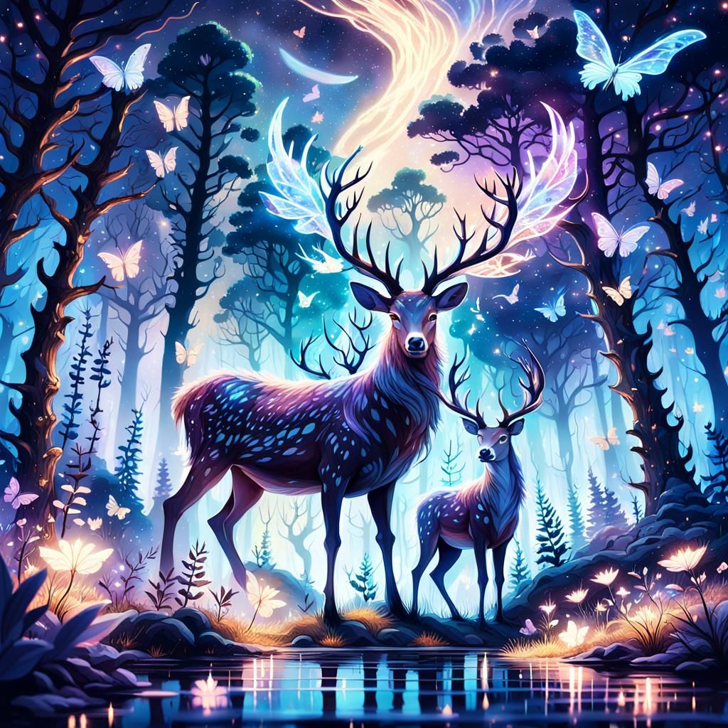 Mystical Forest with Magical Creatures Under Starry Sky
