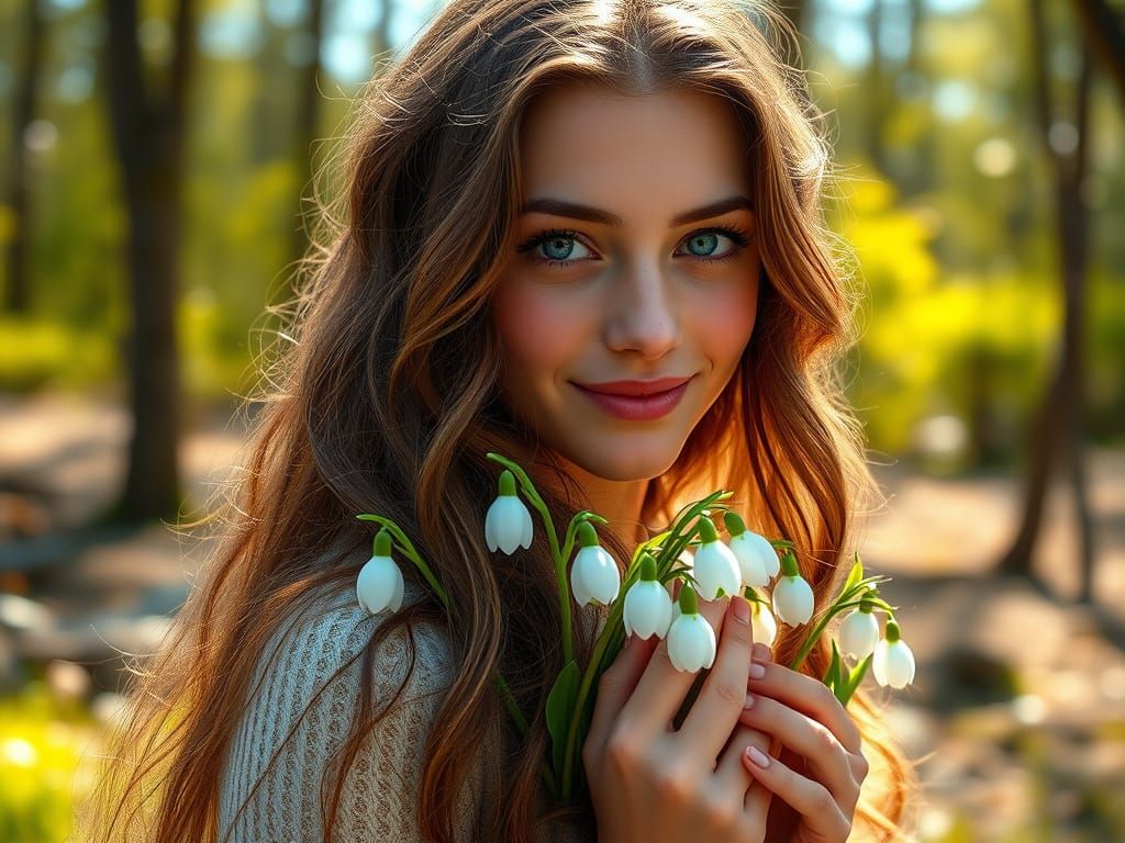 Gentle Woman in Sunny Forest Glade
