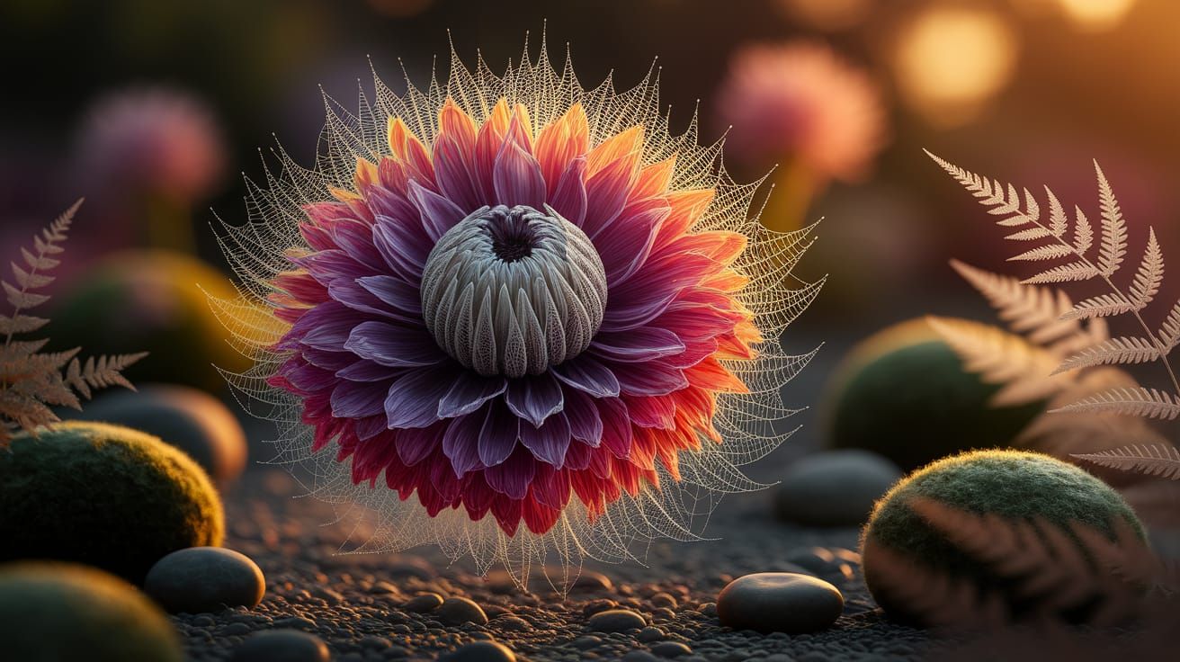 Spiderweb Petal Flower Garden in Golden Hour Light