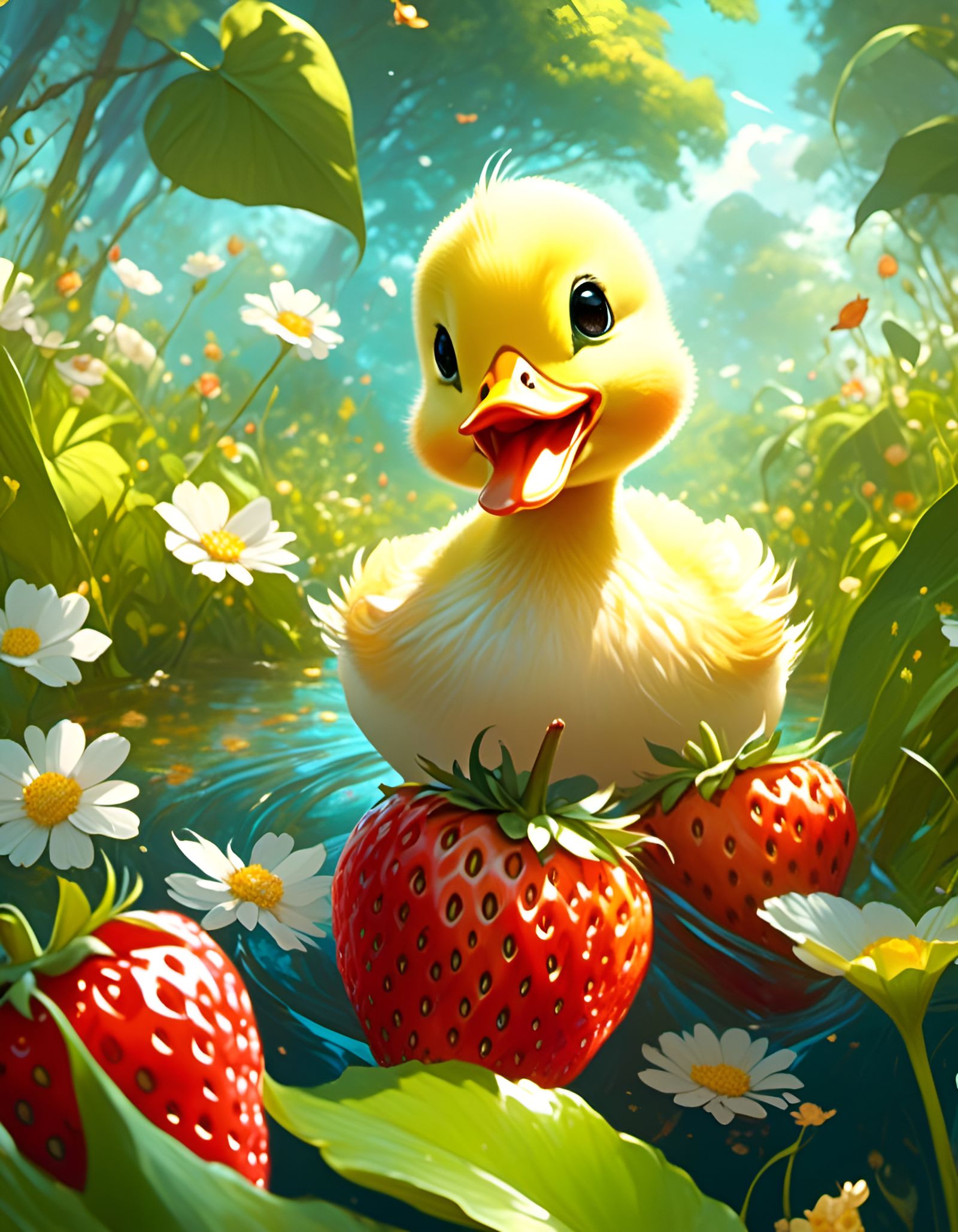 Chibi Baby Duck Eating Strawberries in Rococo Style