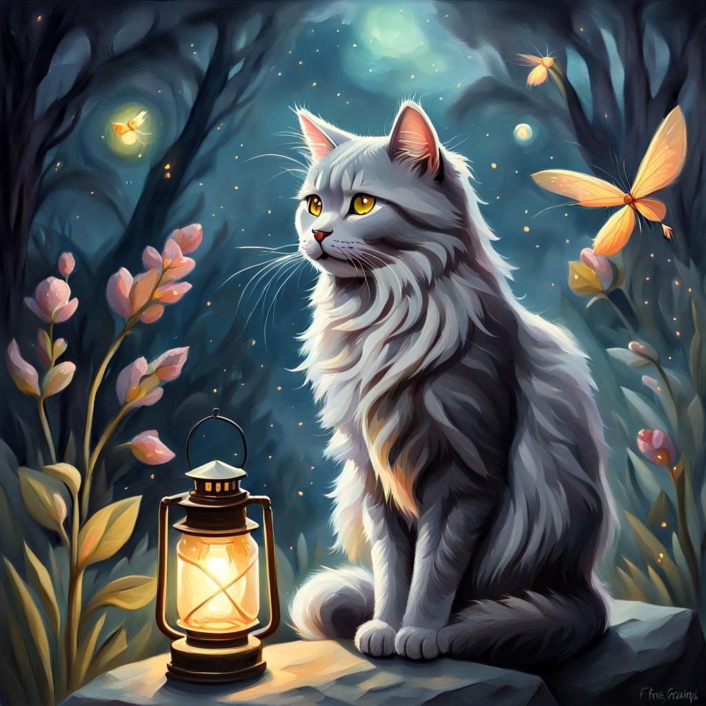 Whimsical Cat and Firefly Dreamy Oil Painting