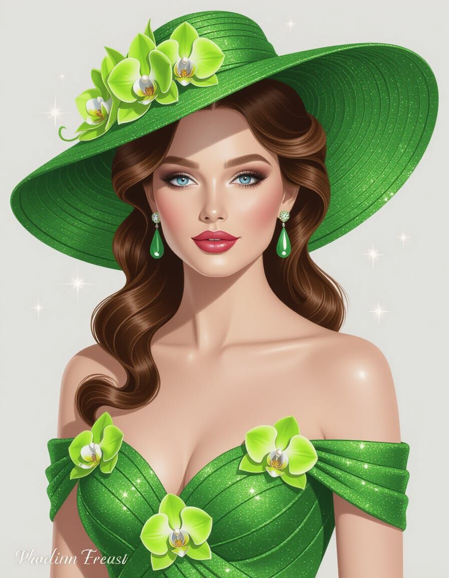 Elegant Woman in Shimmering Green Dress and Orchid Hat