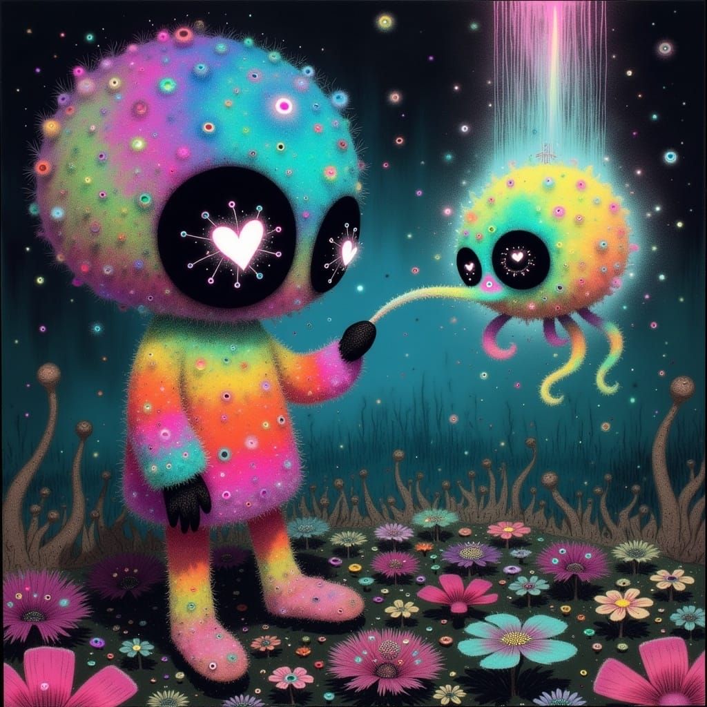 Whimsical Cartoon Octopus in Rainbow Fur Stretches Out to To...