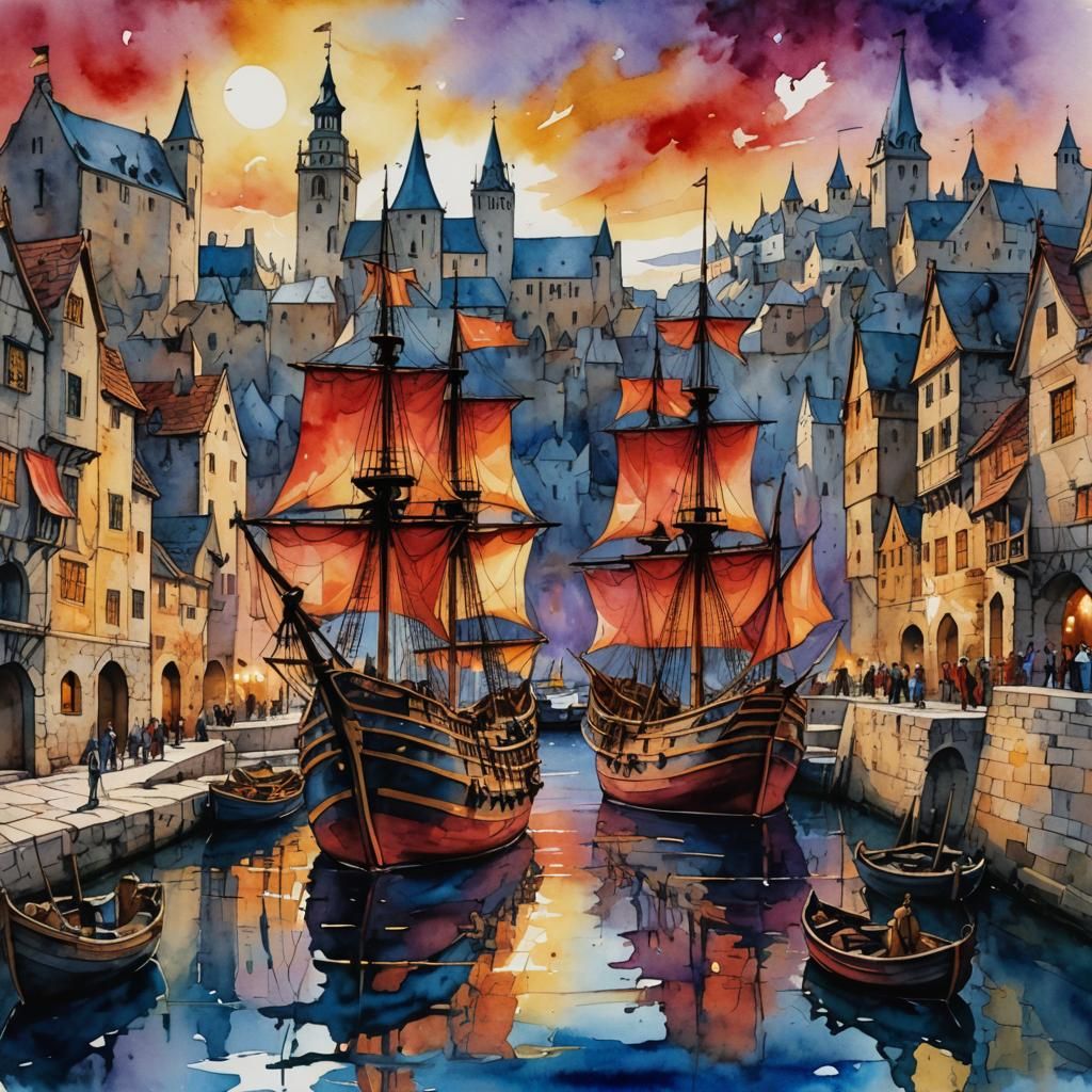 Medieval Royal Harbor in Watercolor and Ink