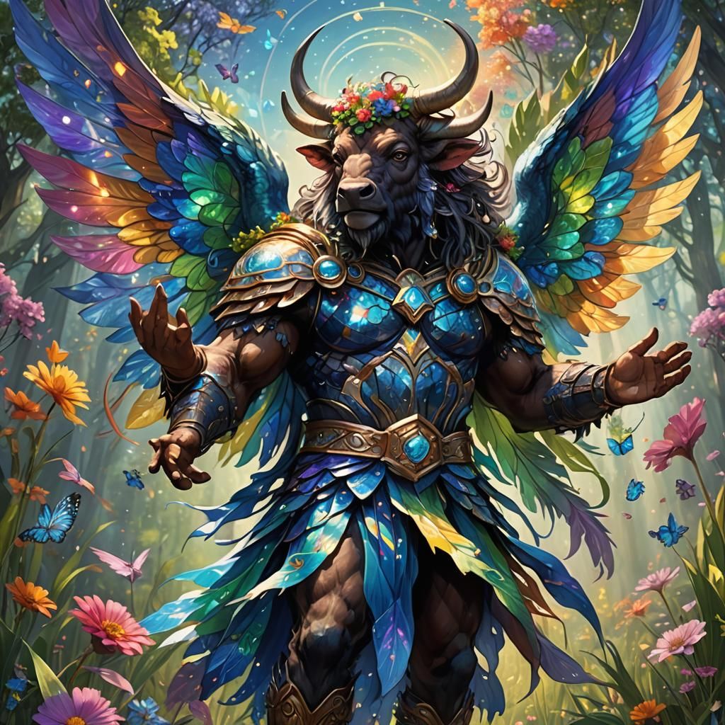 all vibrant spring blue rainbow sparkle wings on an anthropo...