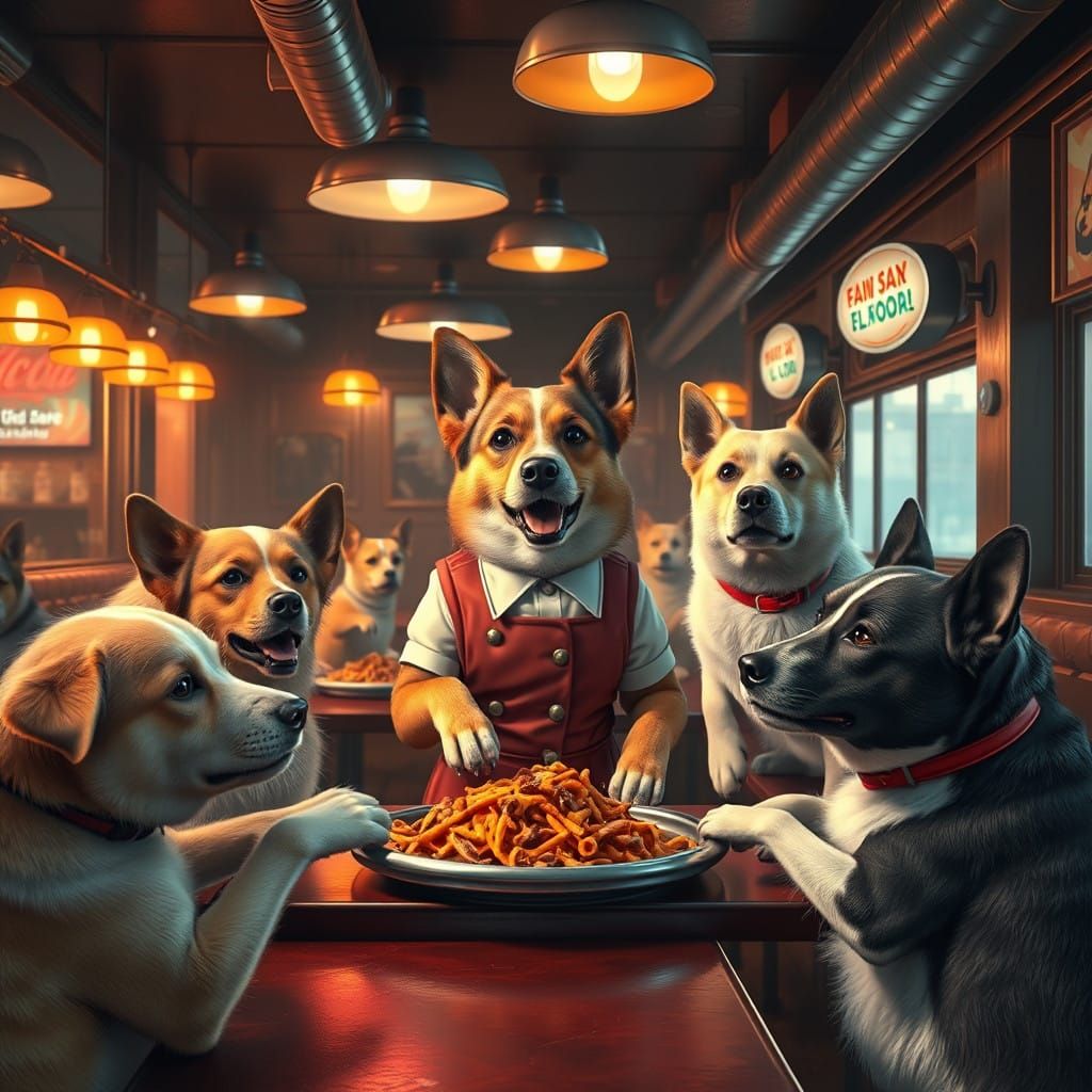 Fantastical Canine Café in Vivid, Dreamlike Detail