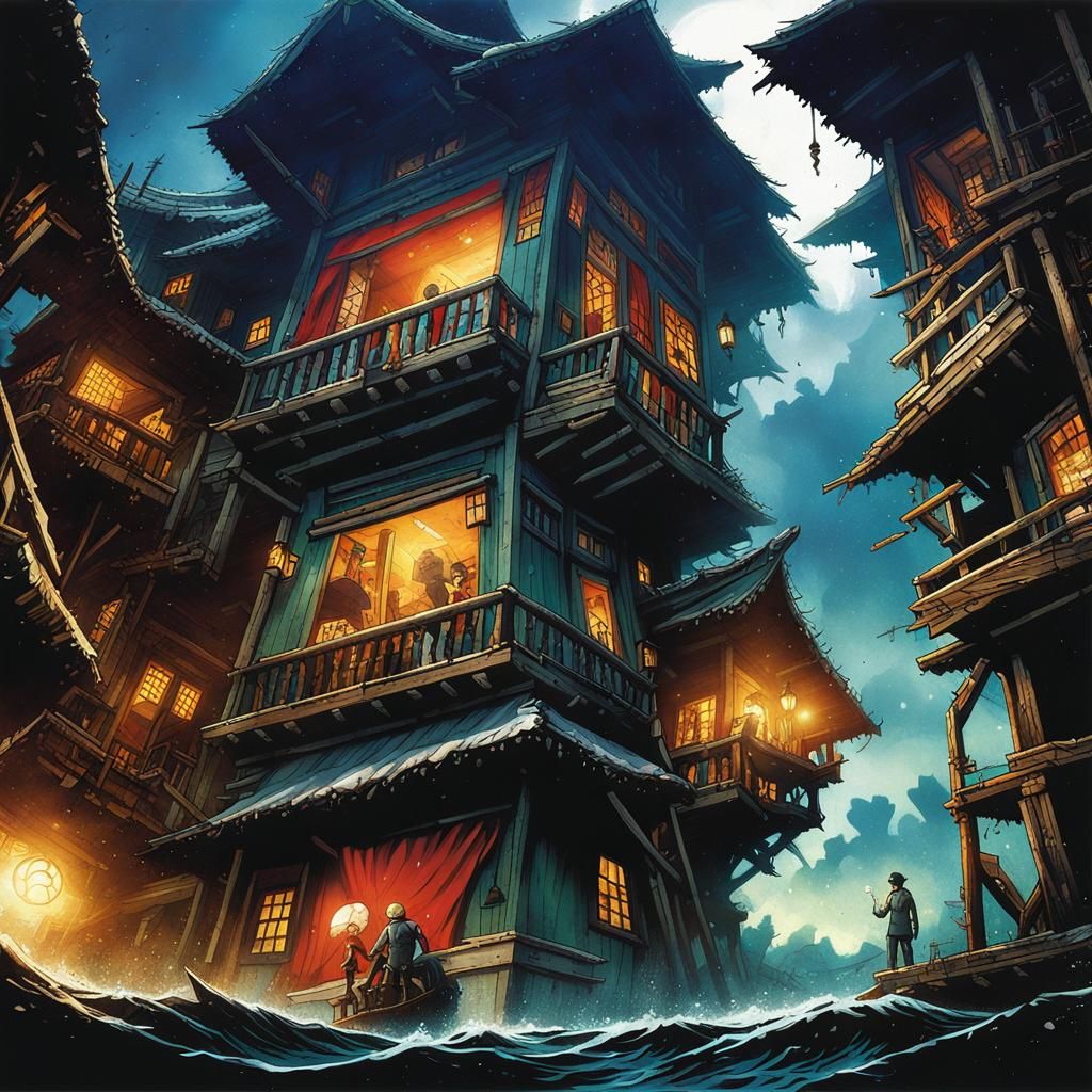 A multi-storey rickety old house on a tiny island in the mid...