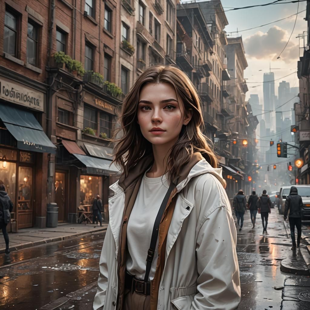 Young Woman with Brown Hair on City Street
