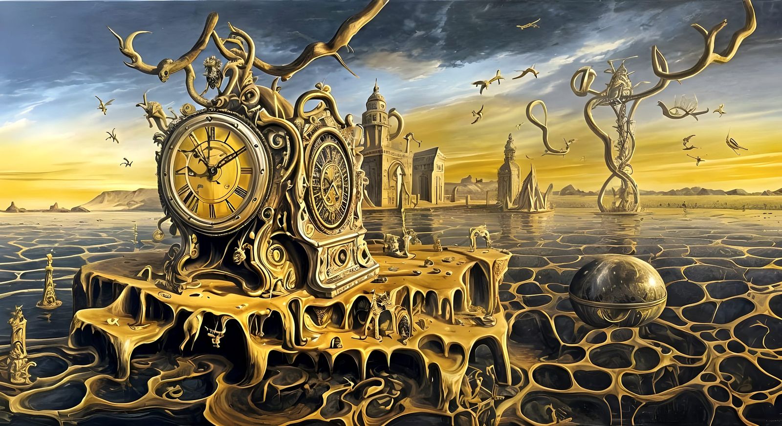 Surreal Melting Clock in Dreamlike Atmosphere