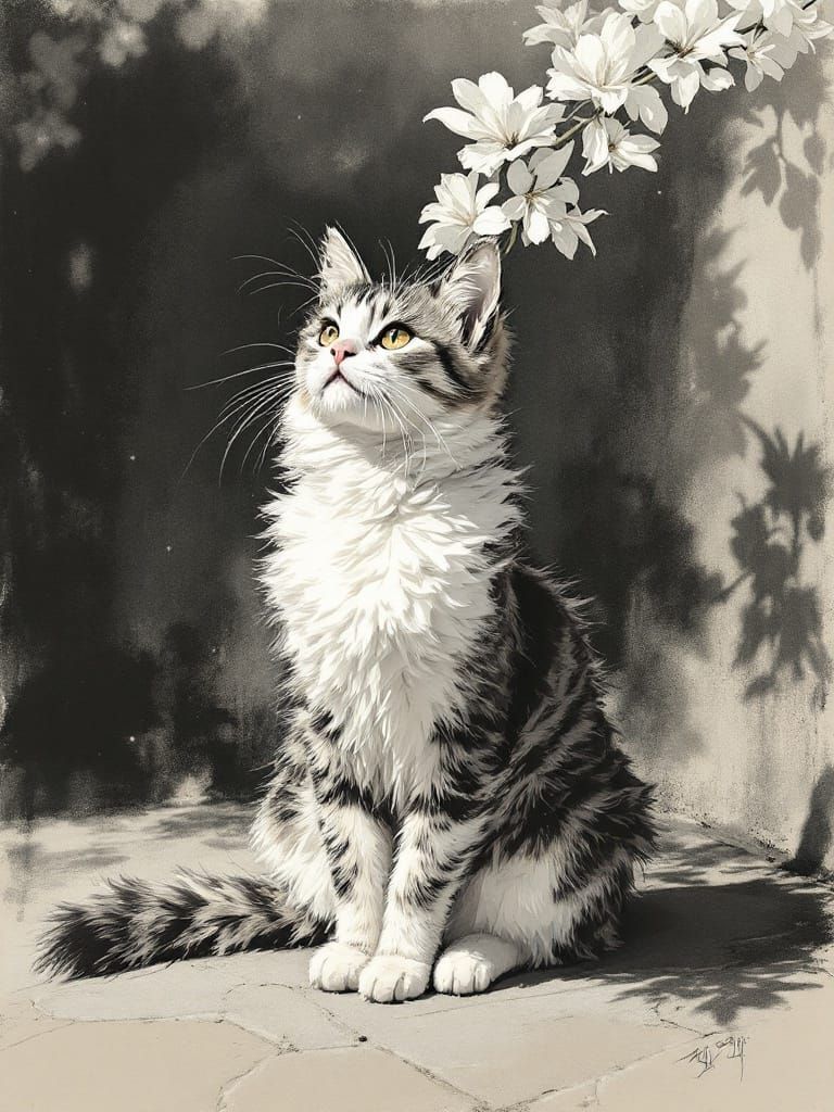 Elegant Cat Under Flower in Retro Charcoal Sketch Style