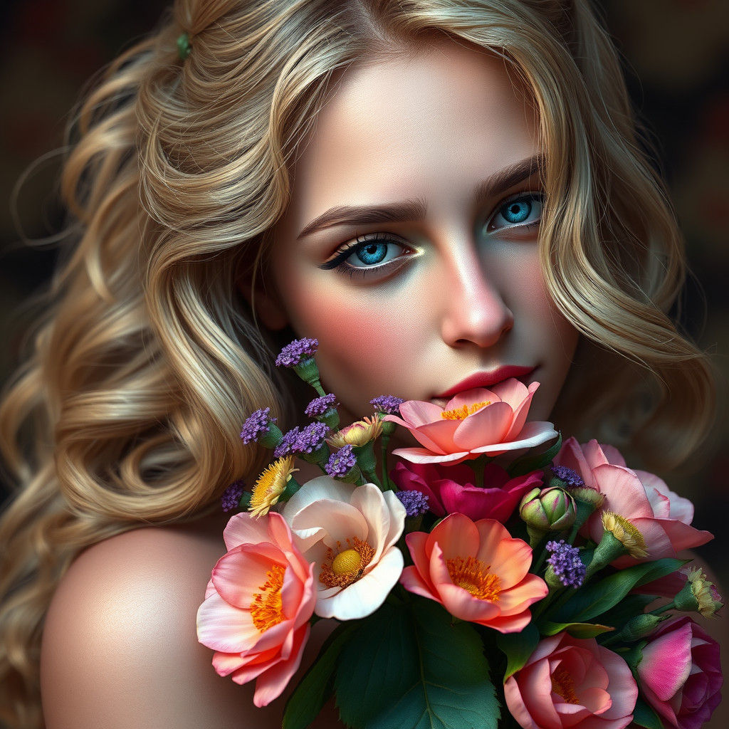 Blonde Woman with Flowers, Art Nouveau Portrait