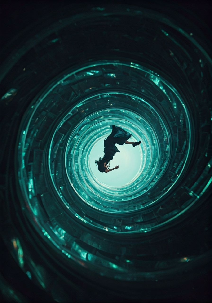 Woman Falling into Bioluminescent Staircase, Cinematic Style