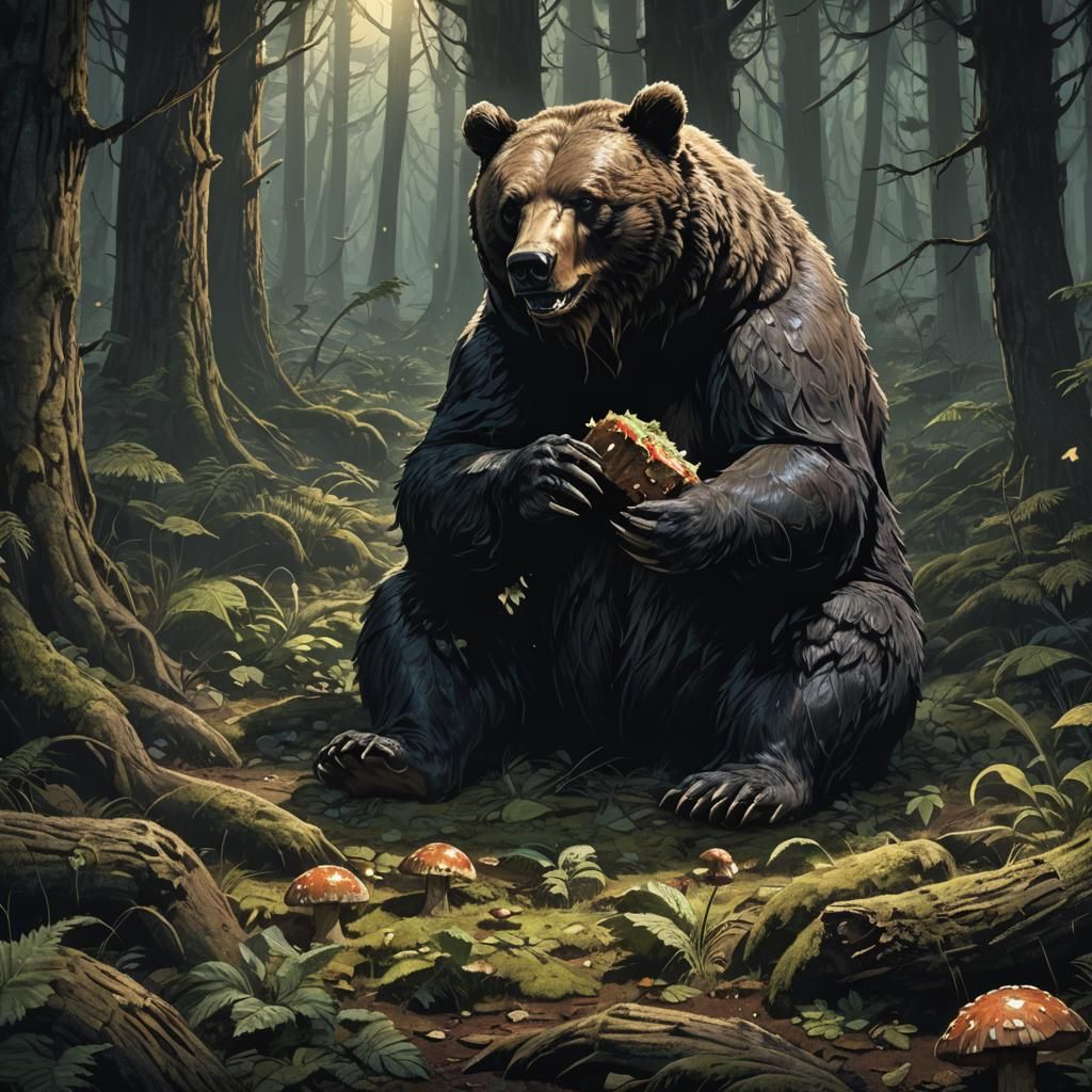 Bear's Gruesome Feast in Mystical Forest: Dark Fantasy Art