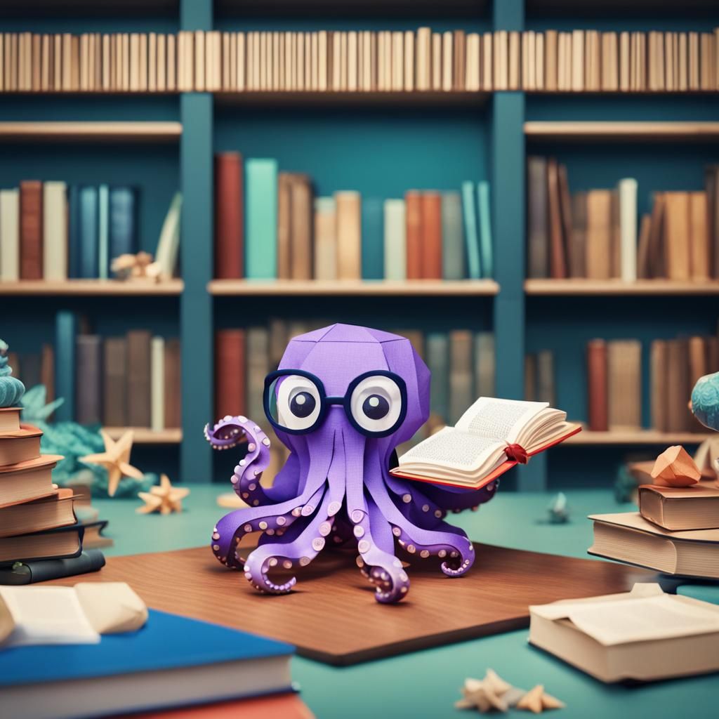 Octopus Librarian in Origami Underwater Library