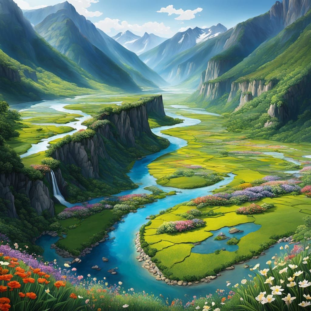 Valley Artwork: Mountains, Rivers, and Flowers Form Natural ...
