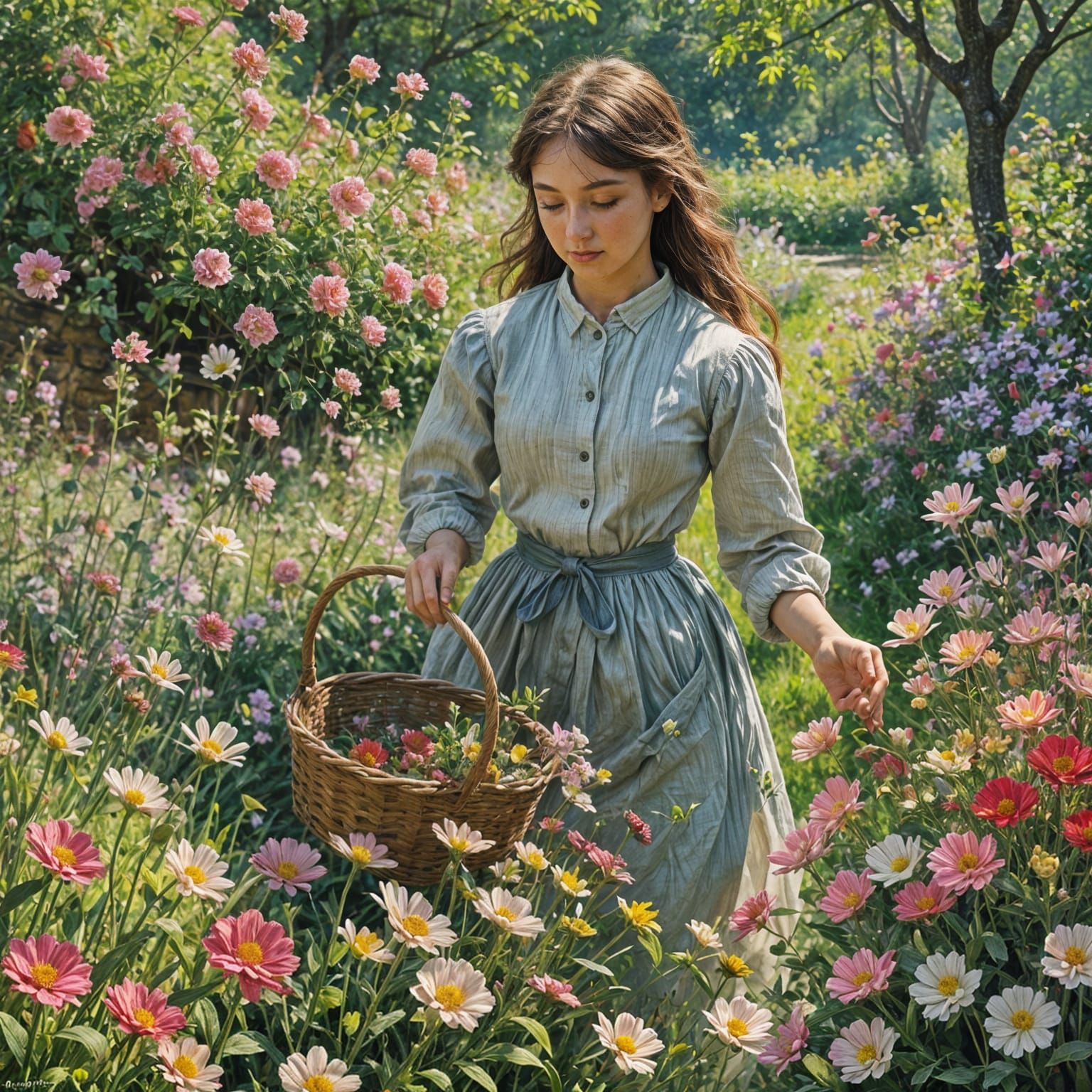Girl Picking Flowers in Movable Garden