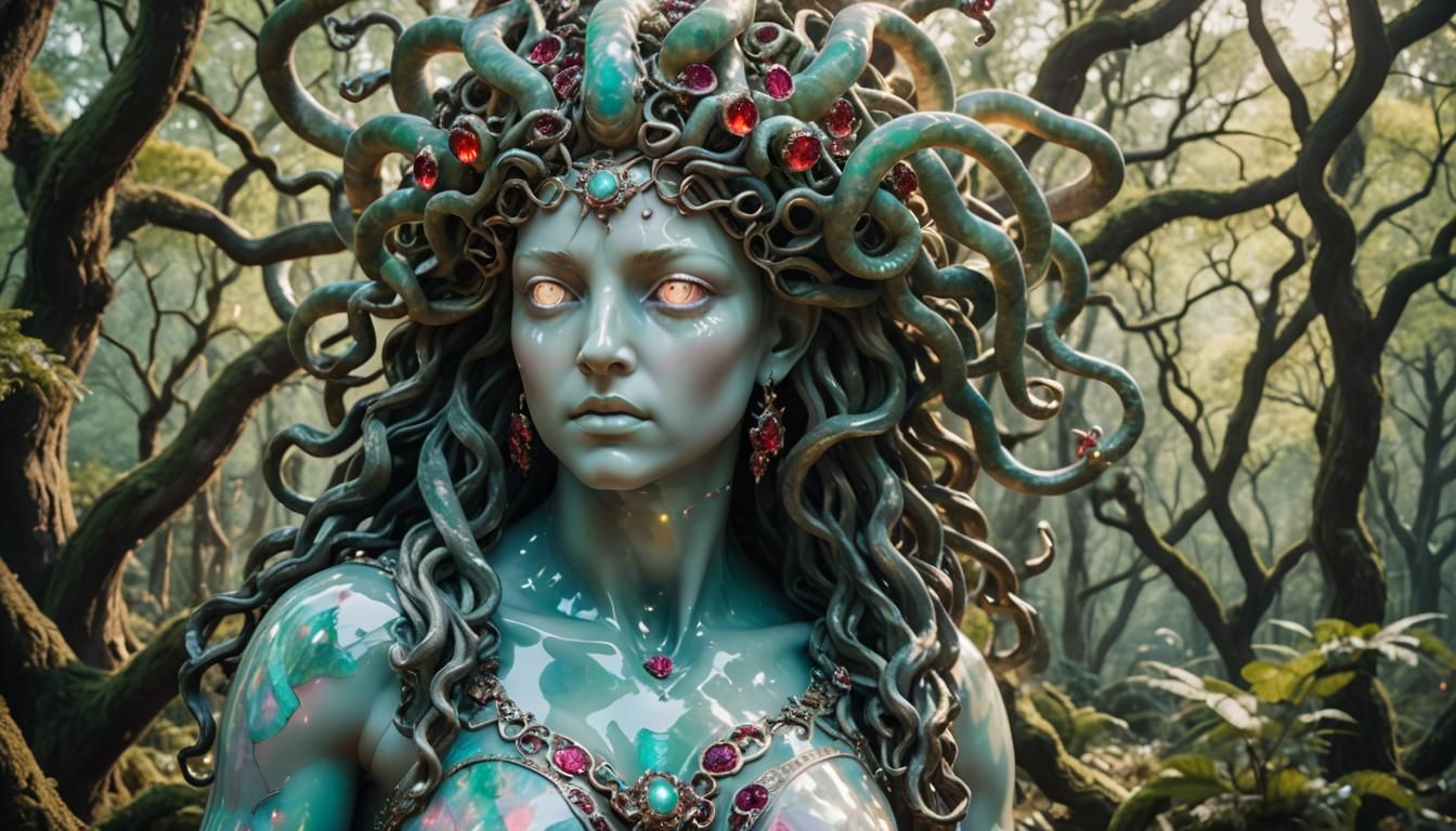 Opal Medusa Statue in Serpentine Crystal Forest