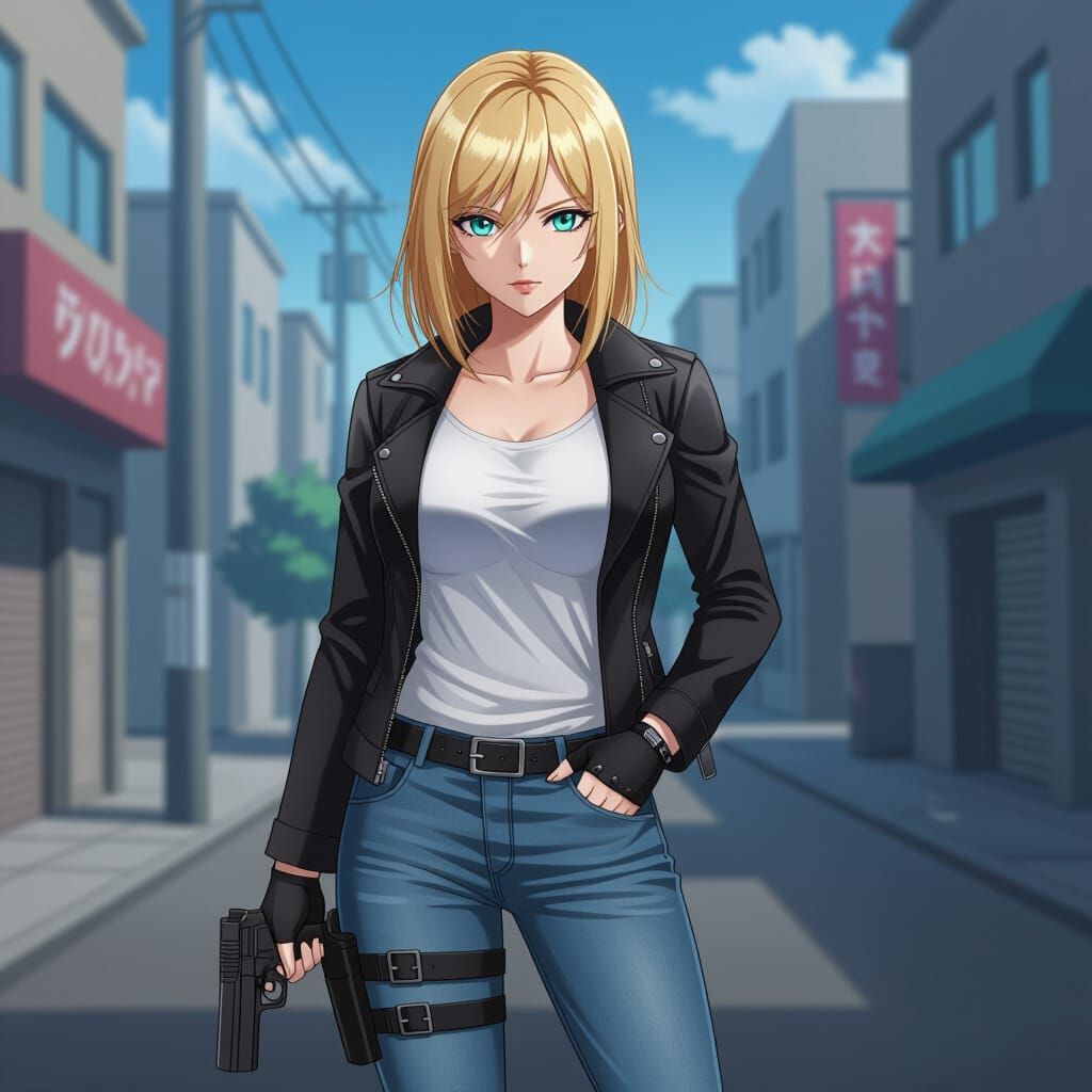 Anime Woman with Handgun in City Street