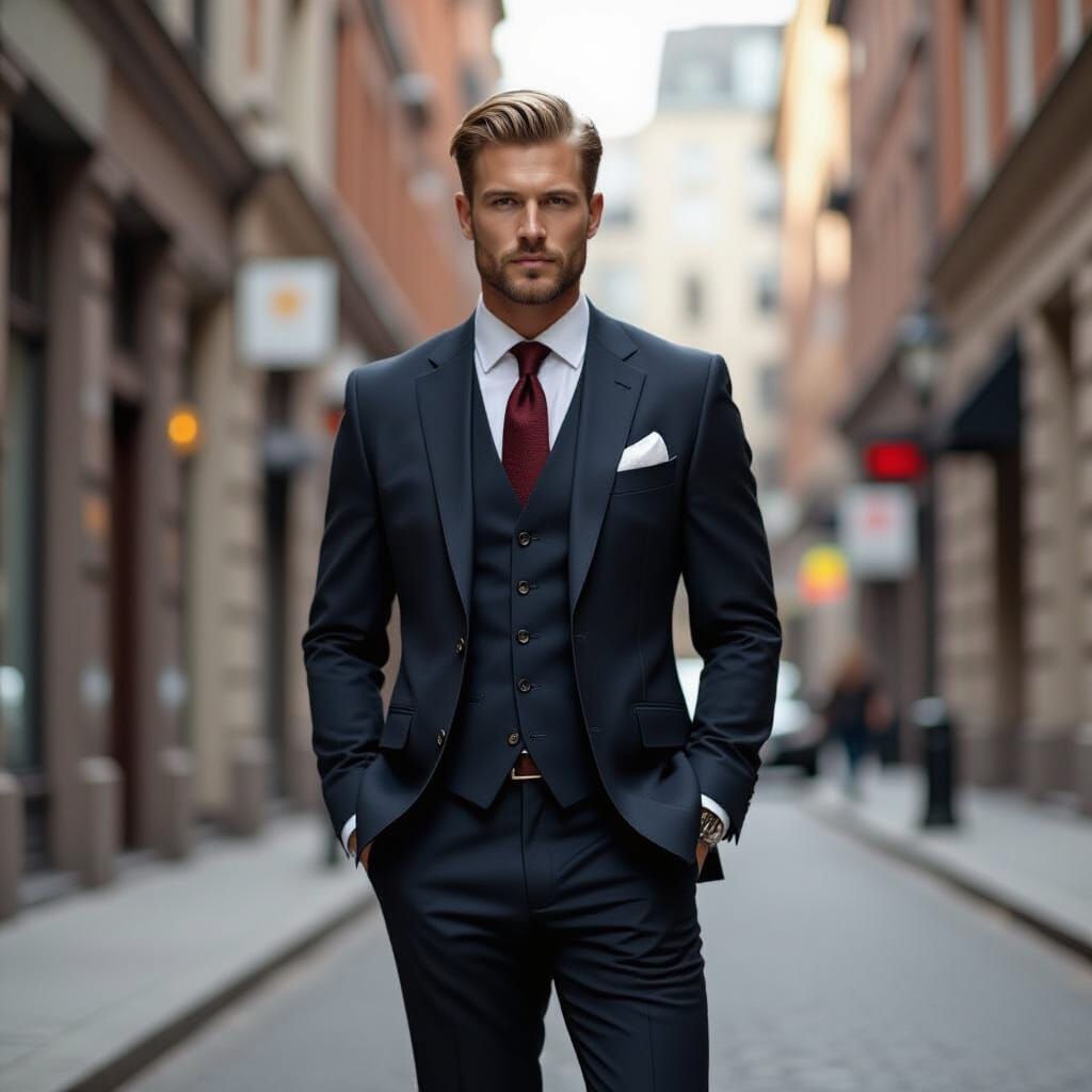 Confident Blond Man in Tailored Suit: Retro-Futuristic Style
