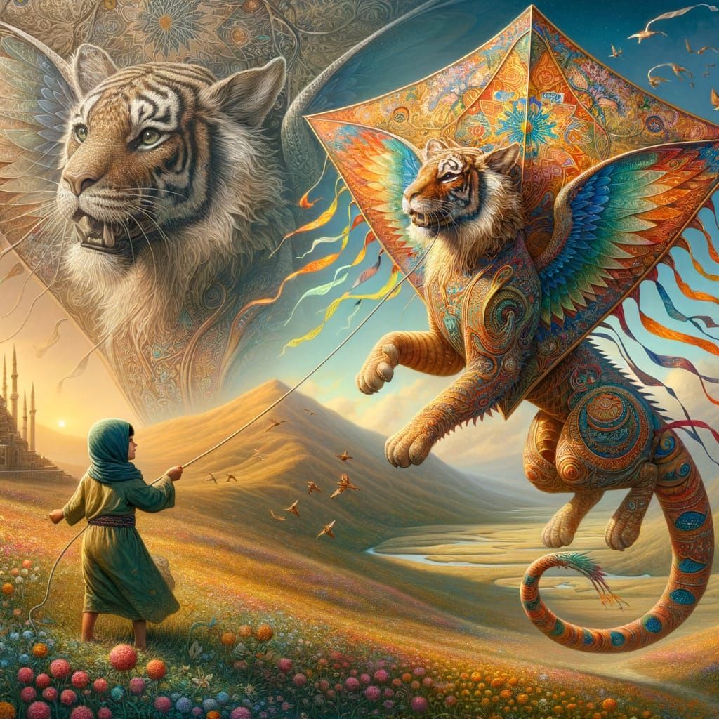 Boy Flying Kite with Tiger-Dragon in Tonalist Style