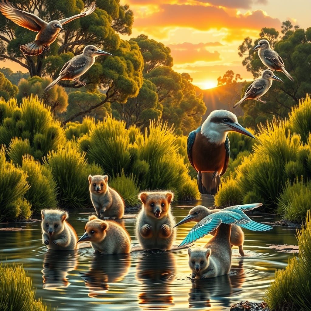 Vibrant Quokkas in Lush Australian Landscape, Inspired by Wi...