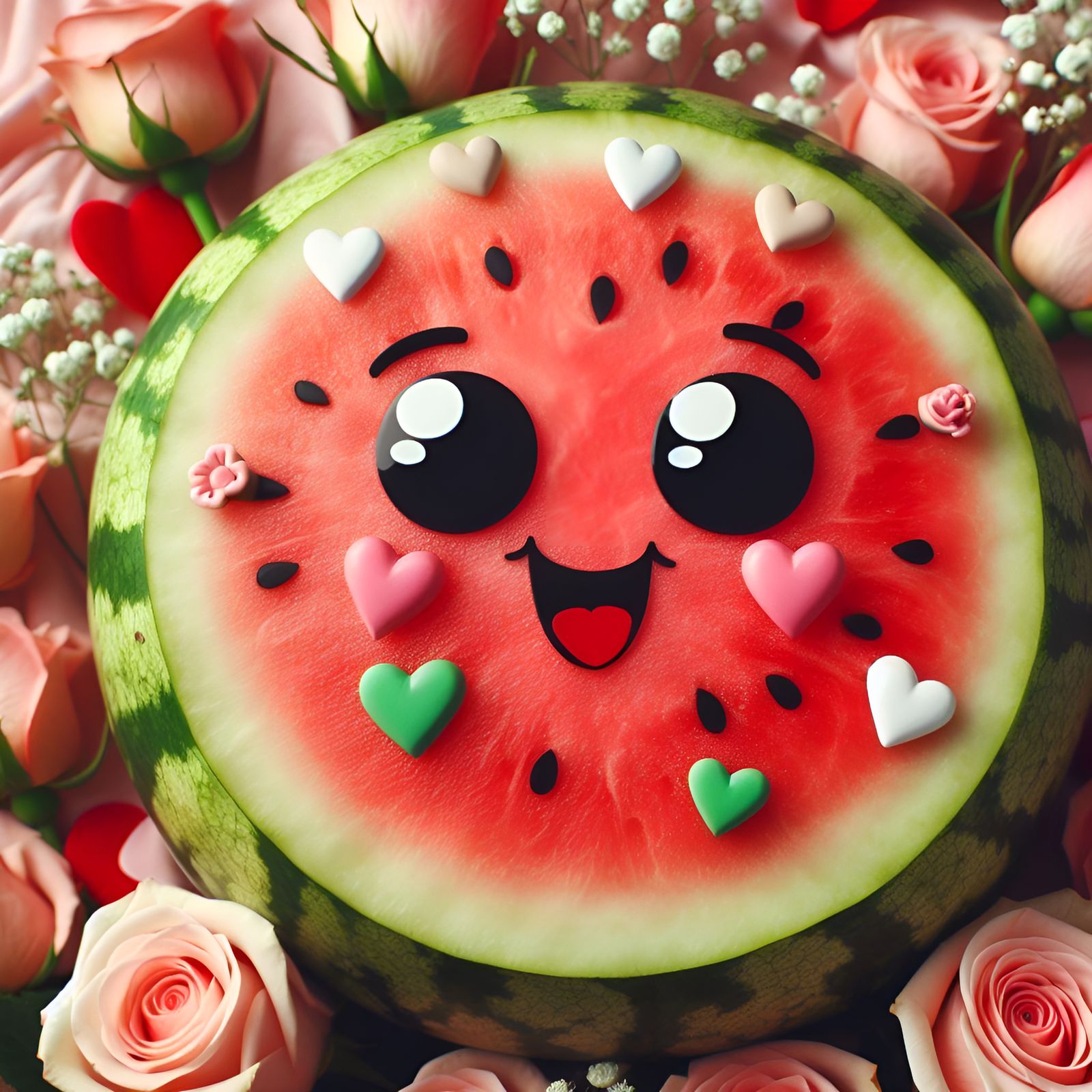 Adorable Watermelon Surrounded by Hearts and Roses