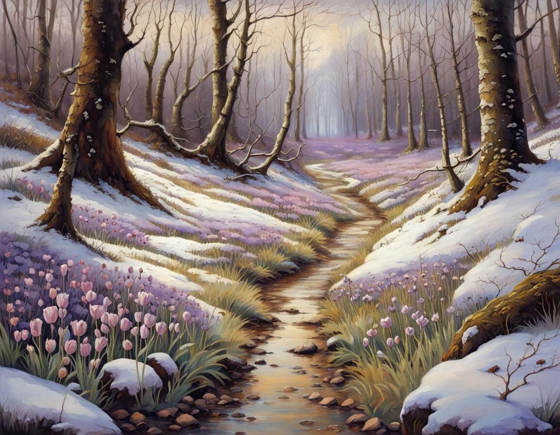 Forest Path Between Winter and Spring