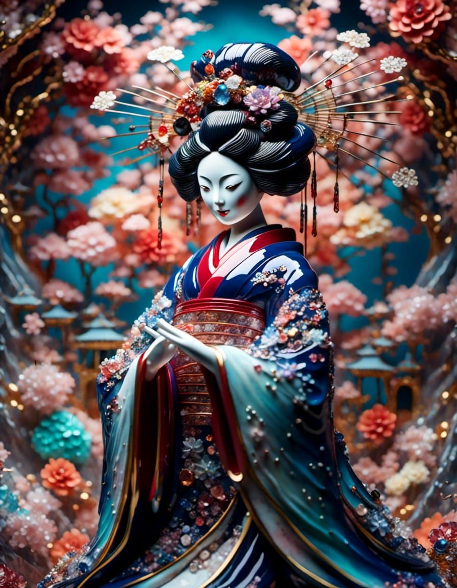 Gemstone Geisha Sculpture with Fractal Effects