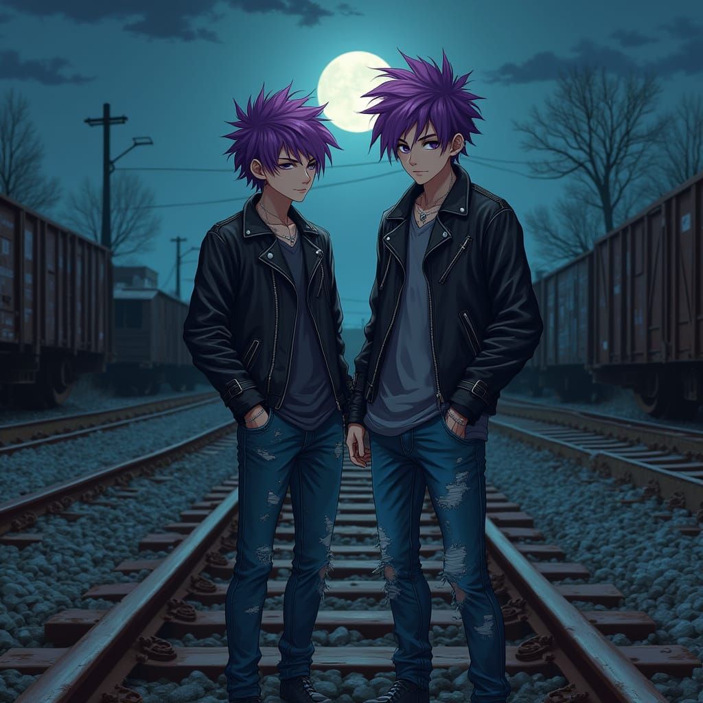Purple-Haired Punk Youths in Railyard at Midnight