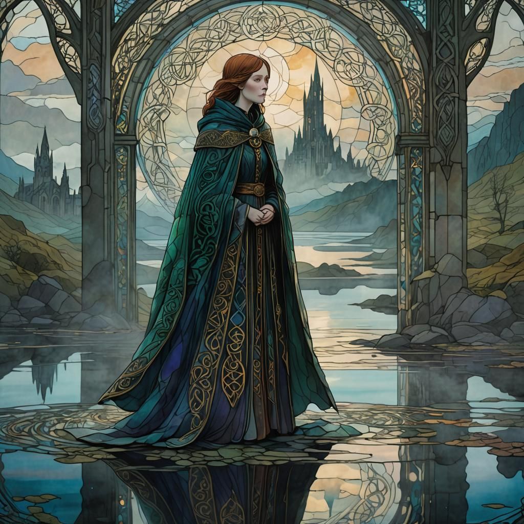 Celtic Mythology Stained Glass Art in Art Nouveau Style