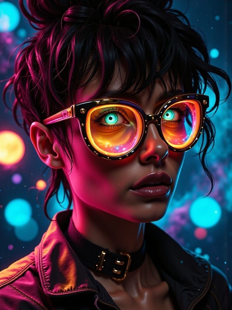 Punk Girl with Two-Tone Glasses in Luminescent Glow