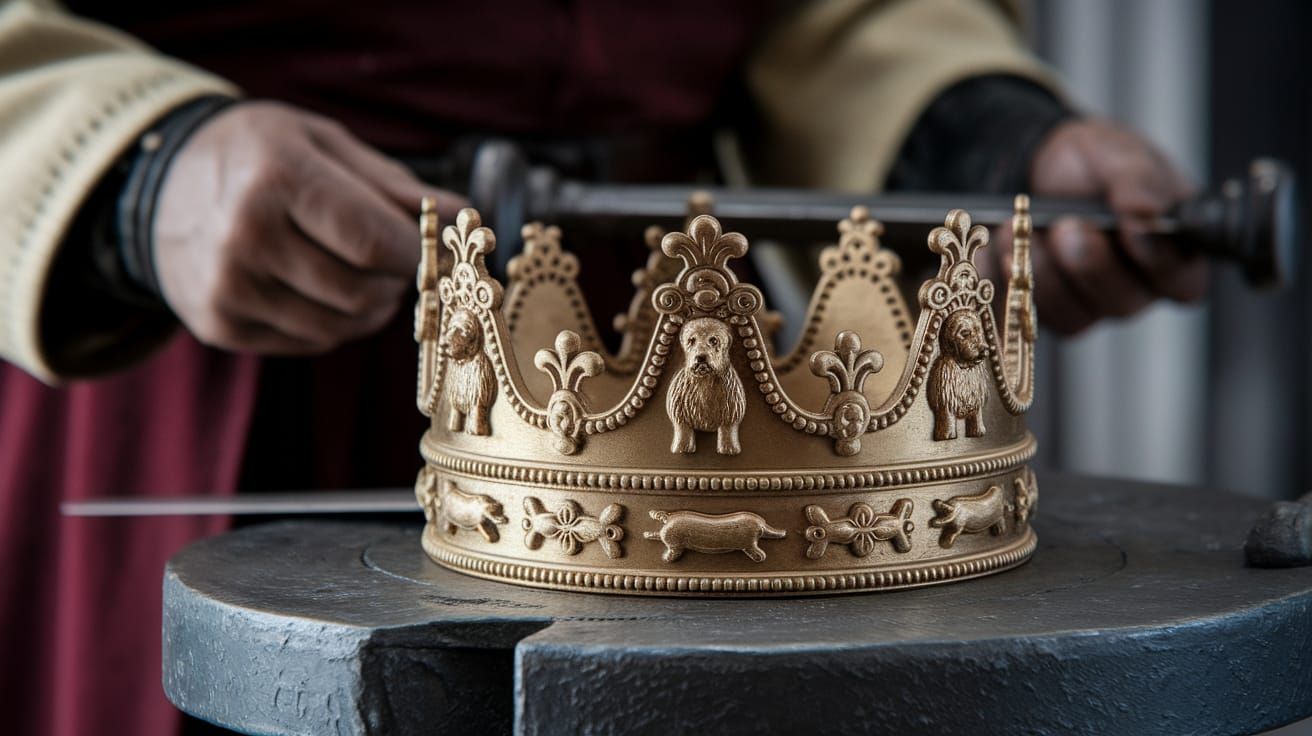 Ornate Golden Dog Crown on Blacksmiths Table