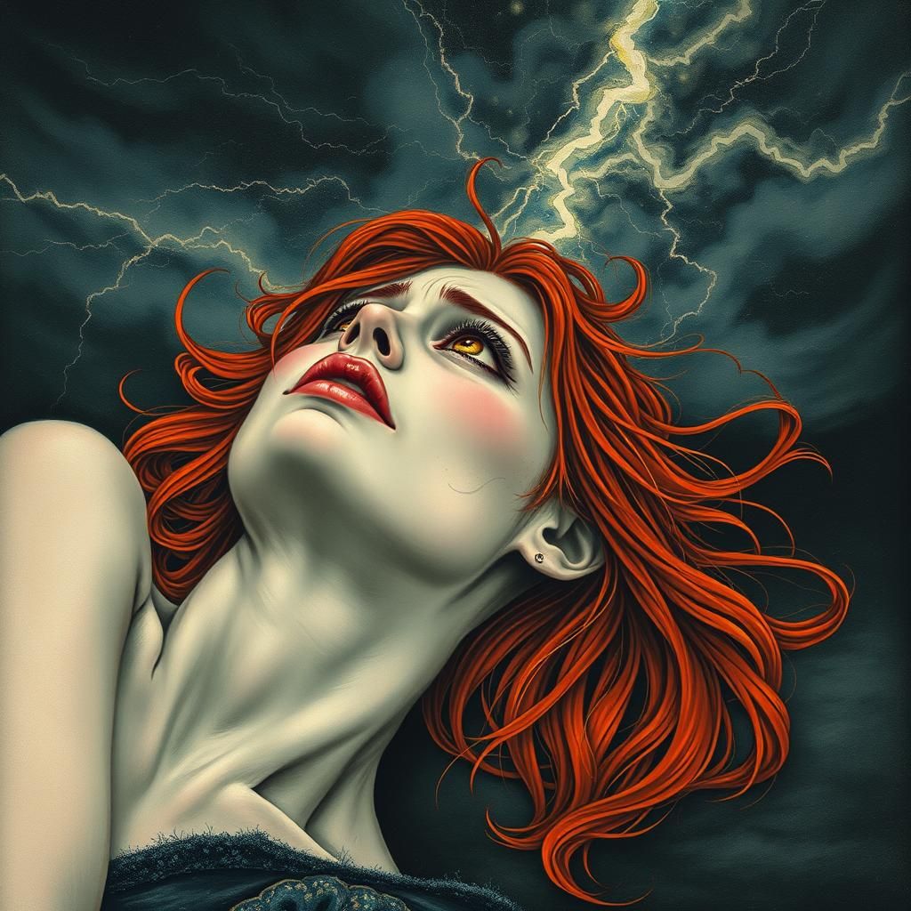 Distressed Woman Under Stormy Sky, Ukiyo-e Style